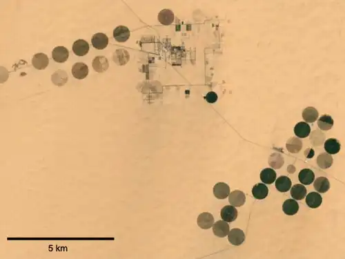 Système d'irrigation circulaire à pivot central, dans le cœur du Sahara, avec prélèvement dans une nappe fossile (qui ne pourra pas se recharger). Ce système gaspille beaucoup plus d'eau qu'un système de type goutte à goutte. (Imagerie satellitaire : NASA)