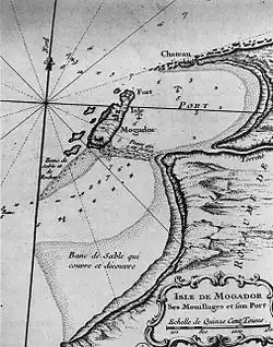 Localisation du Castelo Real (où il y a écrit «&nbsp;Chateau&nbsp;»), sur le bord nord de la baie de Mogador, où il y a aujourd'hui le port d'Essaouira.