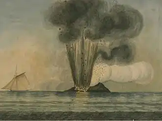 L’île Ferdinandea en éruption sur une estampe anonyme de 1831.