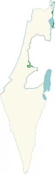 Carte du territoire d’Israël résultant des armistices de 1949. En vert, les zones démilitarisées.