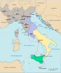 Carte géographique centrée sur l'Italie, montrant un trajet allant de Rome jusqu'à Malte puis remontant vers le nord.