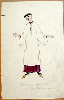 Trois dessins d'Ivan Bilibine pour Le Miracle de Théophile, réalisés à la gouache et au crayon, conservés au Bakhrushin Museum&nbsp;(en) de Moscou.
 
Description des illustrations:
*  À gauche: Costume de scène 1. Scapulaire monastique (22,5 x 11,1 cm).
*  Au centre : Costume de scène 2. Aube de prêtre (22,5 x 14,3 cm).
*  À droite: Décor. Fond de scène.