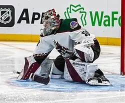 Photographie couleur d'un gardien de hockey sur glace