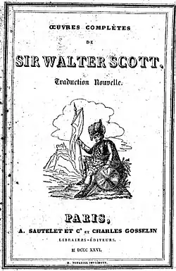 Couverture d'un livre en noir et blanc portant le titre Œuvres complètes de Walter Scott et illustré par un soldat du XIXe&nbsp;siècle assis