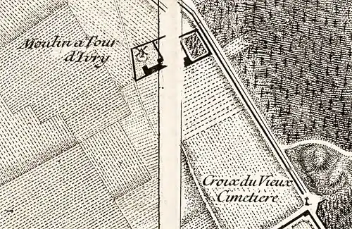 La croix du Vieux-Cimetière à l'emplacement de la station de métro Pierre-et-Marie-Curie, sur le plan de Roussel en 1731.