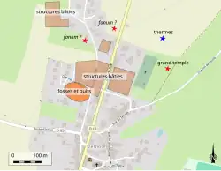 Carte localisant des vestiges antiques reportés sur un plan actuel.