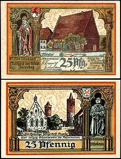 Monnaie de nécessité de 25 pfennings à Jüterbog en 1920 montrant la Heilig-Geist-Kapelle (Jüterbog)&nbsp;(de).