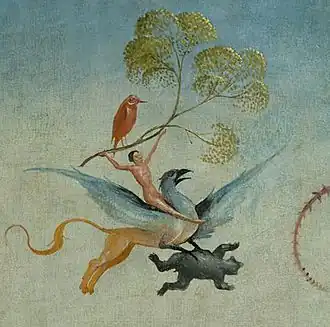 Personnage muni d'une branche à cheval sur un griffon