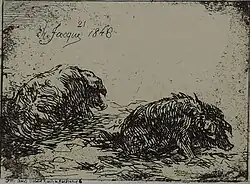 Deux cochons, Charles Jacque, estampe. Nemours, Château-Musée.