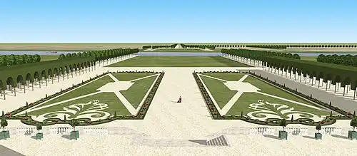 Restitution des jardins du château de Maisons au XVIIIe&nbsp;siècle. Vue depuis le premier étage.