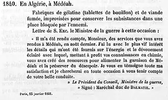 Lettre personnelle de satisfaction du Président du conseil, Ministre de la guerre le Maréchal Soult Duc de Dalmatie adressée à Julien-François Jeannel après le siège de Médéa