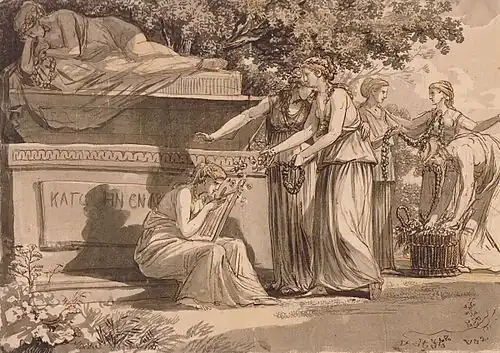 dessin au lavis avec un groupe de six femmes vêtues à la grecque autour d'un tombeau surmonté par une femme allongée