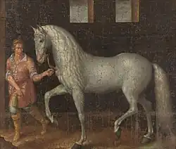 Tableau représentant un jeune homme en costume d'époque tenant en main un cheval gris qui semble piaffer.