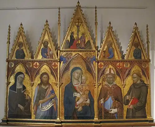 La Vierge et l'Enfant entourés de saints, panneau de bois peint a tempera, Pinacothèque nationale de Sienne.