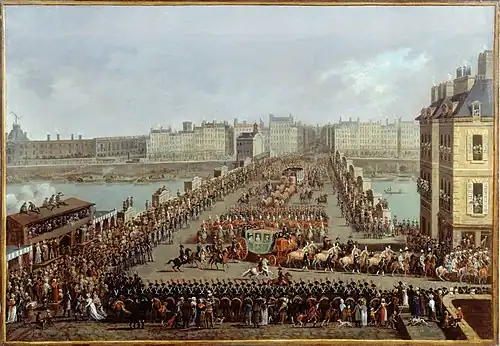 Le cortège impérial se rendant à Notre-Dame pour la cérémonie du sacre, le 2 décembre 1804 La traversée du Pont-Neuf, Musée Carnavalet.
