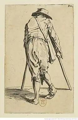 no&nbsp;5 : Le mendiant aux béquilles coiffé d'un chapeau et vu de dos