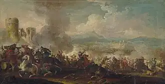 Peinture en couleurs sombres. Plusieurs groupes de soldats se battent au premier plan, dans le quart bas-gauche, surplombés des tours d'un château au milieu de la fumée qui monte de la scène de bataille. En bas à droite, on voit en second plan d'autres groupes de soldats se battre, plus loin, tandis qu'en arrière-plan, on voit un paysage vallonné.