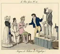 Gravure en couleurs représentant plusieurs personnages habillés à la mode du début du XIXe siècle.
