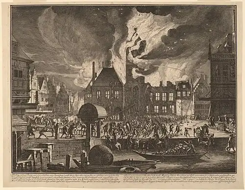 Incendie de l'ancien hôtel de ville d'Amsterdam, gravure sur acier (c. 1690, National Gallery of Art).