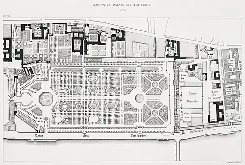 Plan du jardin des Tuileries de 1770 ; le pont tournant est sur la gauche.