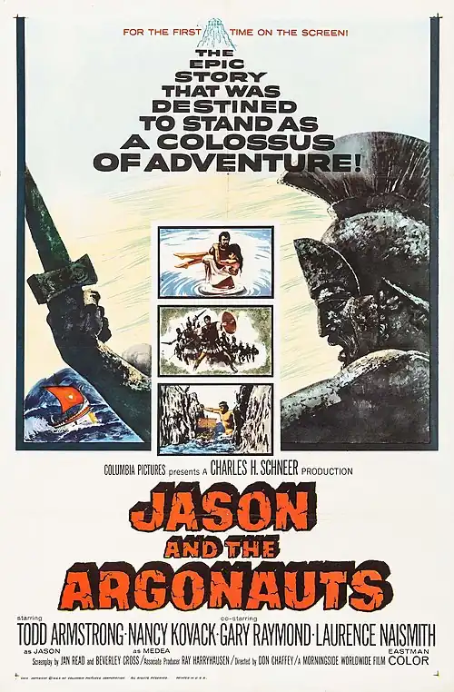 Affiche du film Jason and the Argonauts, portant le texte "The Epic Story that was Destined to Stand as a Collosus of Adventure" sur fond d'un dessin de guerrier grec.