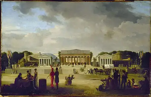 Vue du grand théâtre élevé sur la place de la Concorde pour la fête de la Paix, le 18 brumaire, an X (9 novembre 1801) (musée Carnavalet).