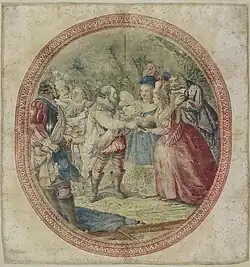 Dessin représentant Henri IV, entourés d'hommes et de femmes de sa cour, offrant son panache blanc à l'une des femmes.
