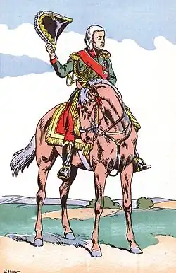 Un maréchal de Napoléon à cheval, ôtant son bicorne pour saluer.