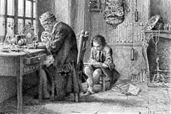 Gravure. Un horloger travaille à la lumière d'une fenêtre. À sa droite, un petit enfant lit, assis sur un tabouret bas.
