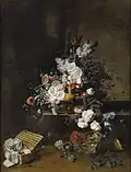 Jean-Louis Prévost, Nature morte au panier de fleurs et à la boîte à rubans, huile sur toile, 1774, collection privée