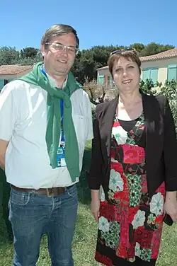 Jean-Luc Ciulkiewicz, secrétaire général du SNE et Bernadette Groison, secrétaire générale de la FSU, lors du congrès de Mèze en mai 2014.