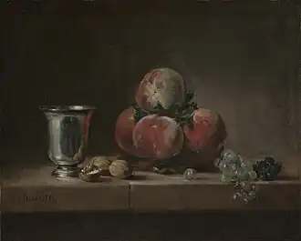 Jean Siméon Chardin, Corbeille de pêches avec un gobelet d'argent, vers 1759-1760.