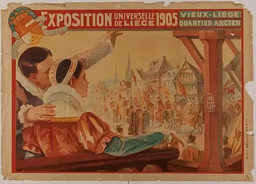 Affiche couleur annonçant l'Exposition du Vieux-Liège Quartier ancien lors de l'Exposition universelle de Liège de 1905. On y voit en premier plan à gauche un couple vêtu de style renaissance qui observe le défilé qui a lieu à leur droite.