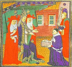 Jean d'Andreas présentant son Commentaire sur les décrétales à Jean XXII.