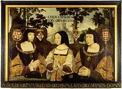 Dame Elisabeth entourée de ses deux époux avec les blasons qui s'y rapportent - peinture du XVIe&nbsp;siècle du musée Elisabeth à Culemborg.