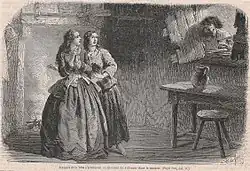 Jeannot et la Bête assiègent la loge de la Mare où se sont barricadées Mademoiselle de Barjac et Marion, fille du garde général Fargeot. Journal pour tous, no&nbsp;149, 6 février 1858.