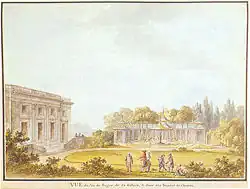 Gravure du Jeu de bague chinois avec le château à gauche.