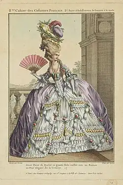 Jeune Dame de Qualité en grande Robe coiffée avec un Bonnet ou Pouf élégant dit la Victoire, extrait du  Cahier des Costumes français, 1778.