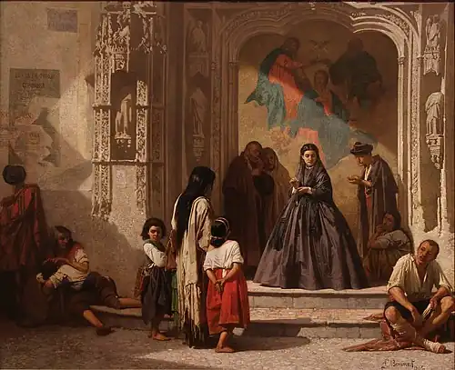 Léon Bonnat, Jeune femme faisant la charité devant l’entrée de la chapelle de l’hôpital de San Sebastian à Cordoue (1863).
