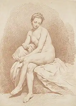 Jeune fille nue, assise sur un lit, vue de face, regardant à terre, Musée du Louvre.