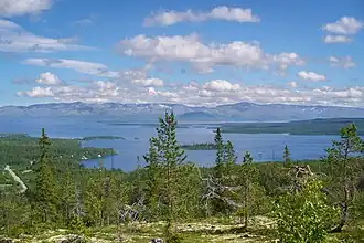 Photo d’un grand lac vu depuis une hauteur sous un ciel bleu, bordé de pins et d’arbustes. En arrière-plan, des chaînes de montagnes se dessinent.