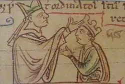 Esquise représentant un ecclésiastique posant une couronne sur la tête d'un homme portant une tunique rouge