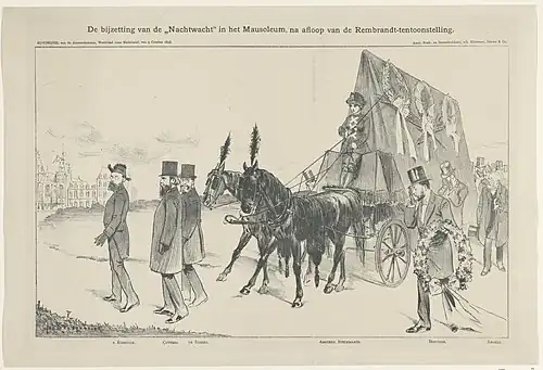 Johan Braakensiek, L'Enterrement de La Ronde de nuit dans le mausolée, après la fin de l'exposition Rembrandt, caricature dans De Amsterdammer du 9 octobre 1898.
