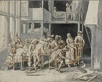 Scène de bordel, dessin à l'encre brune rehaussé de craie