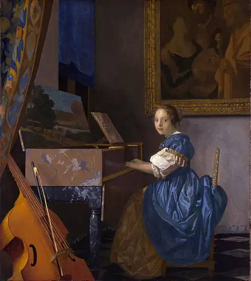 Vermeer, Dame assise à l'épinette, vers 1670-1675, 51,5&nbsp;×&nbsp;45,5&nbsp;cm, Londres, National Gallery.