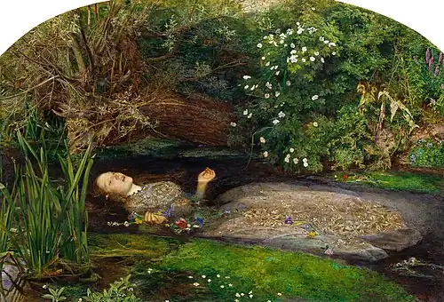 John Everett Millais.Ophélie, modèle: Elizabeth Siddal vers 1851, huile sur toile, 76,2&nbsp;×&nbsp;111,8&nbsp;cm, Tate Britain, Londres.