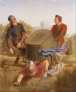 tableau en couleurs. Deux hommes hilares jettent à l'eau une grande corbeille de linge où se trouve un vieil homme.