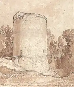 Tour ronde, château de Lillebonne (Normandie) par John Sell Cotman en 1822.