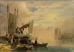 Aquarelle sereine d'une scène fluviale : barges à voile, personnages sur le rivage. Palette douce de beiges, bruns et gris, effet brumeux. Textures d'eau et de voiles évoquent tranquillité et lumière douce, rappelant un canal hollandais.