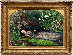 Jeune femme allongée dans une rivière, style réaliste, fleurs, ambiance paisible et mystique.